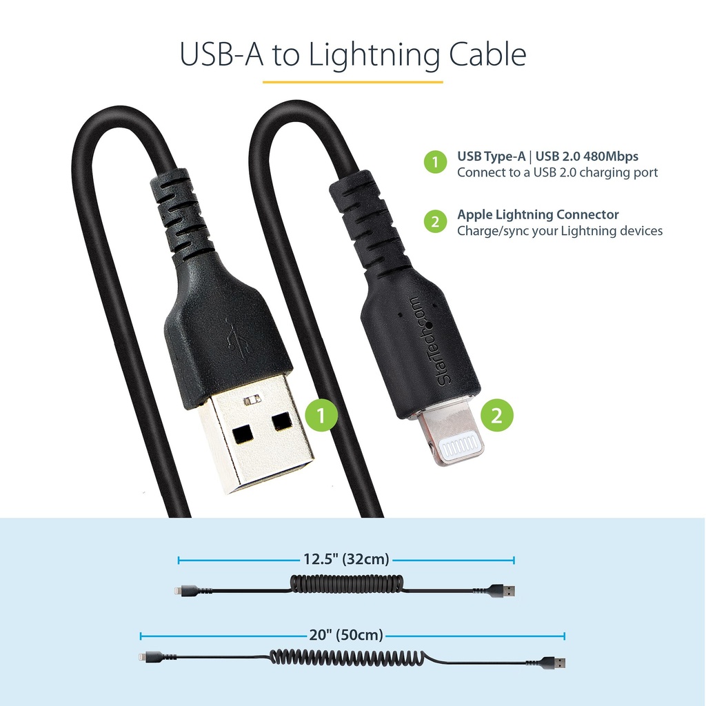 StarTech.com 50cm (20in) USB to Lightning Cable, MFi Certified, Coiled iPhone Charger Cable, Black, Durable TPE Jacket Aramid F - Image 8