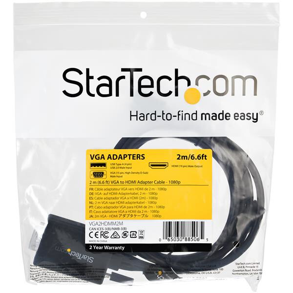 StarTech.com 2m VGA to HDMI Converter Cable with USB Audio Support & Power - Analog to Digital Video Adapter Cable to connect a - Image 2