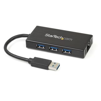 StarTech.com 3-Port Portable USB 3.0 Hub plus Gigabit Ethernet - 5Gbps - Aluminum with Built-in Cable - TAA