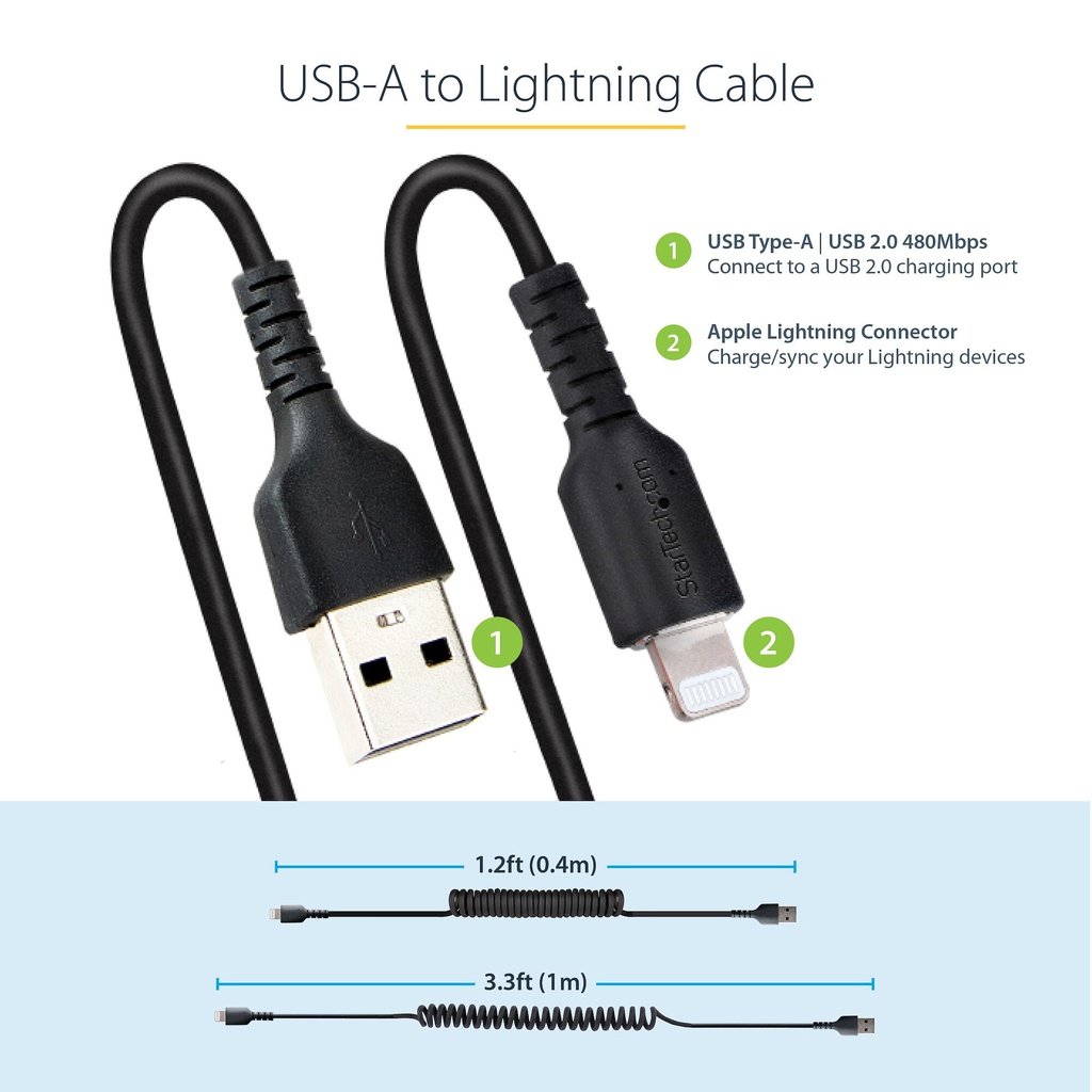 StarTech.com 1m (3ft) USB to Lightning Cable, MFi Certified, Coiled iPhone Charger Cable, Black, Durable TPE Jacket Aramid Fibe - Image 8