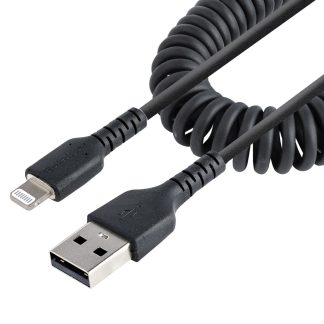 StarTech.com 50cm (20in) USB to Lightning Cable, MFi Certified, Coiled iPhone Charger Cable, Black, Durable TPE Jacket Aramid F
