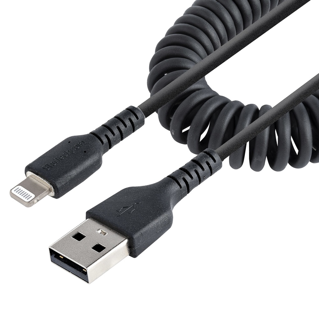StarTech.com 50cm (20in) USB to Lightning Cable, MFi Certified, Coiled iPhone Charger Cable, Black, Durable TPE Jacket Aramid F