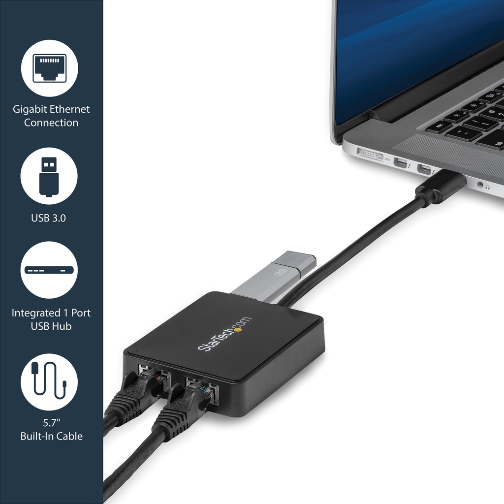 StarTech.com USB 3.0 to Dual Port Gigabit Ethernet Adapter w/ USB Port, 10/100/1000 Mbps, USB Gigabit LAN Network NIC Adapter - Image 9