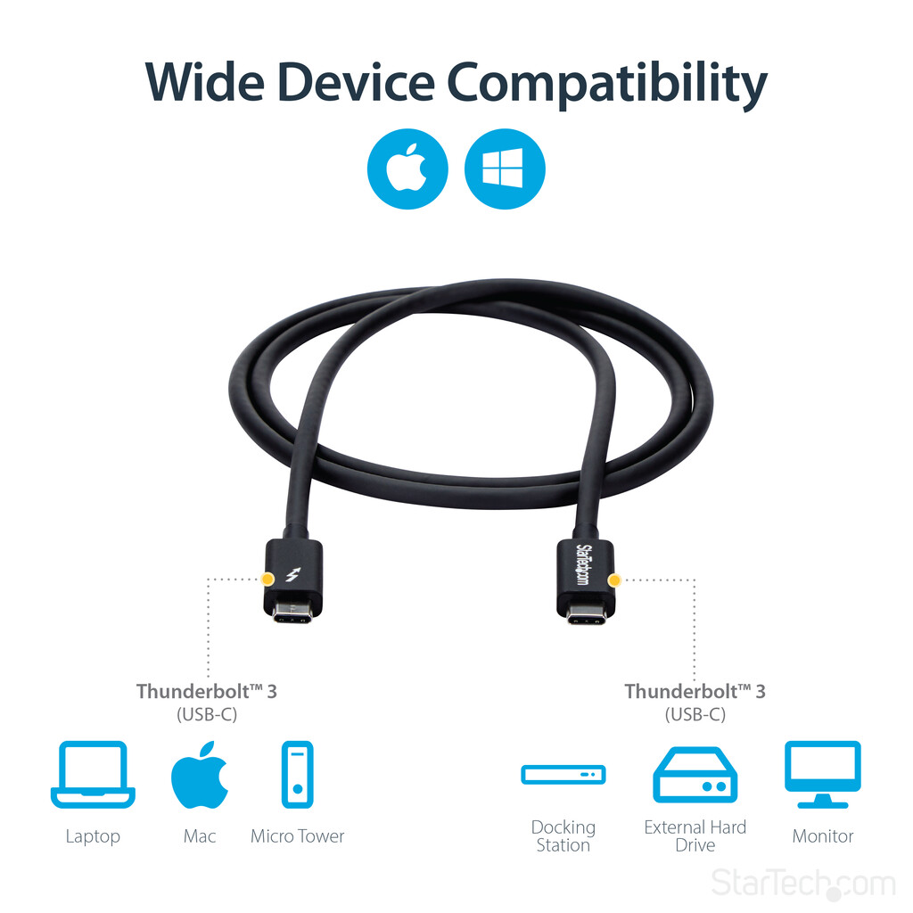 StarTech.com 3.3ft (1m) Thunderbolt 3 Cable, 20Gbps, 100W PD, 4K, Thunderbolt Certified, Compatible with Thunderbolt 4/USB 3.2/ - Image 5
