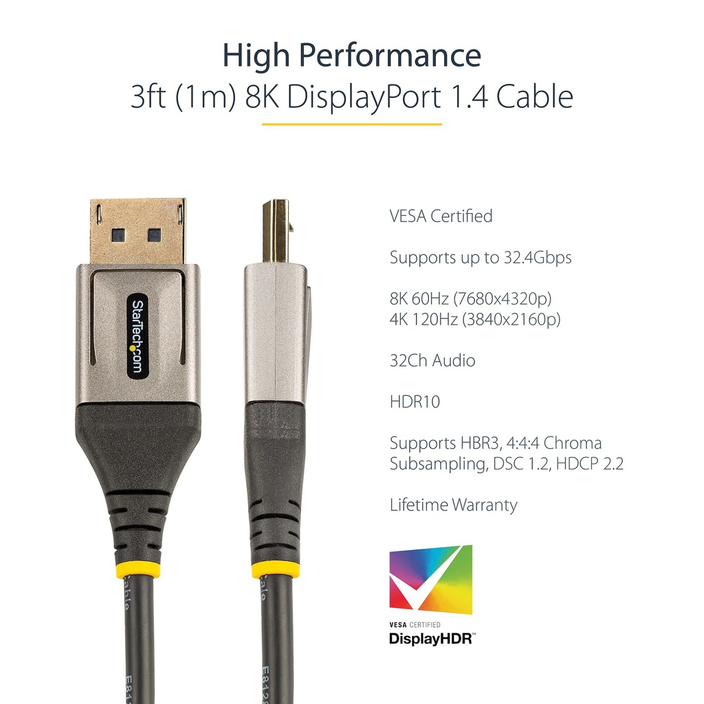 StarTech.com 3ft (1m) VESA Certified DisplayPort 1.4 Cable - 8K 60Hz HDR10 - Ultra HD 4K 120Hz Video - DP 1.4 Cable / Cord - Fo - Image 6
