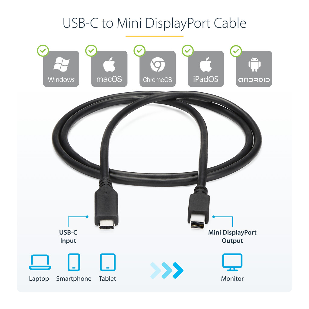 StarTech.com 3.3 ft (1m) USB-C to Mini DisplayPort Cable - 4K 60Hz - Black - Image 8