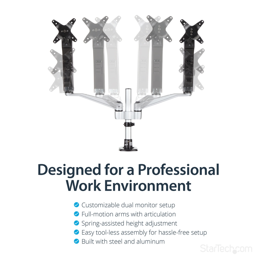 StarTech.com Desk-Mount Dual Monitor Arm - Full Motion Articulating - Premium - For up to 30" (19.8lb/9kg) Displays - TAA - Image 17