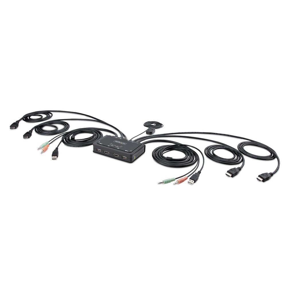 StarTech.com 2-Port Dual-Monitor HDMI Cable KVM Switch, 4K 60Hz, Compact KVM with 5ft/1.5m USB-A/HDMI/Audio Integrated Cables,