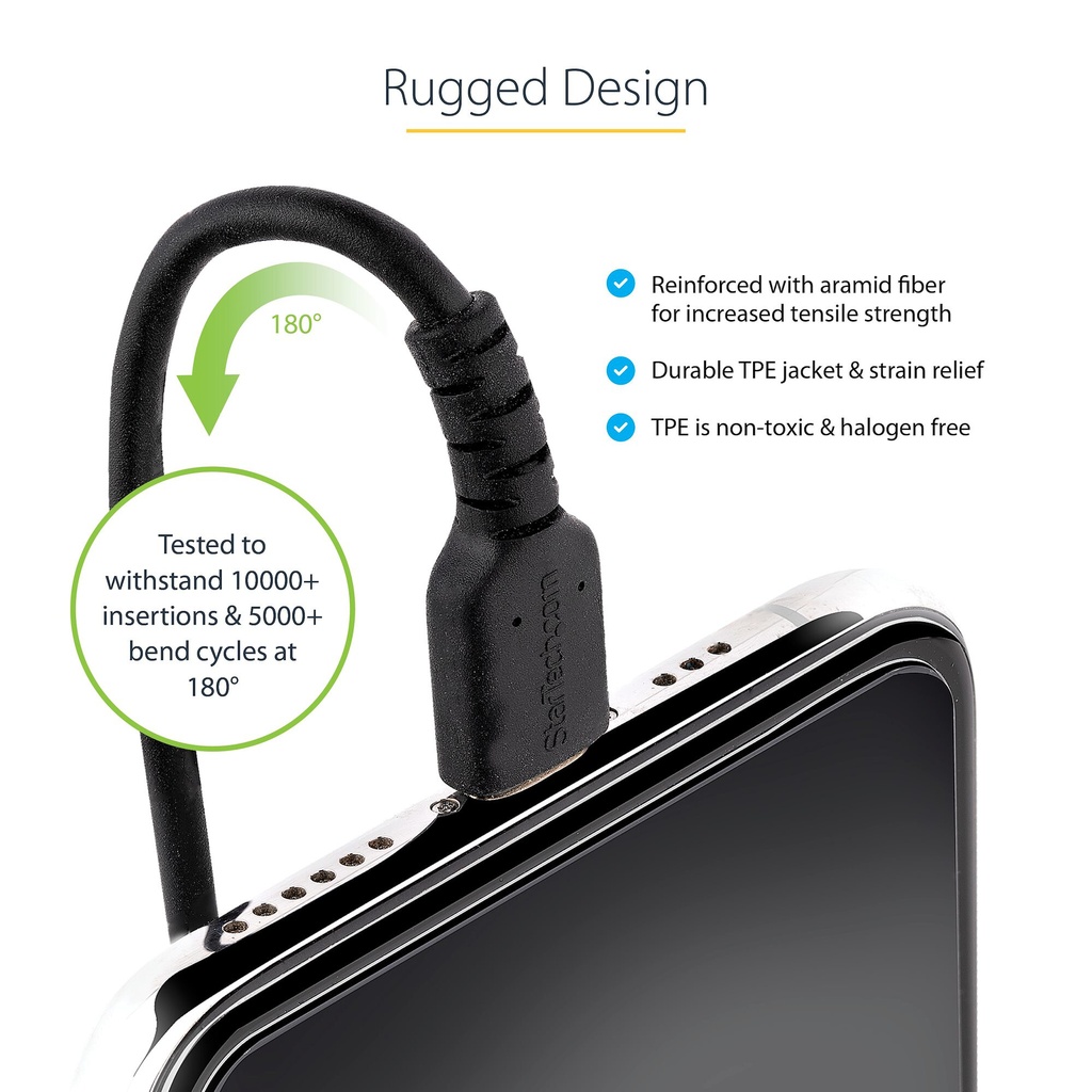 StarTech.com 50cm (20in) USB to Lightning Cable, MFi Certified, Coiled iPhone Charger Cable, Black, Durable TPE Jacket Aramid F - Image 9