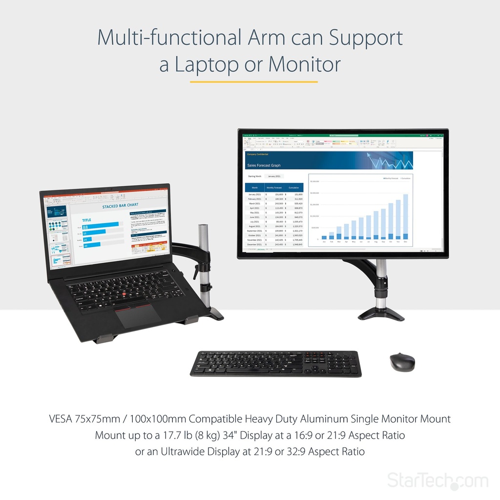 StarTech.com Desk Mount Laptop Arm - Full Motion Articulating Arm for Laptop or Single 34" (17.6lb/8kg) Monitor - VESA Mount La - Image 12
