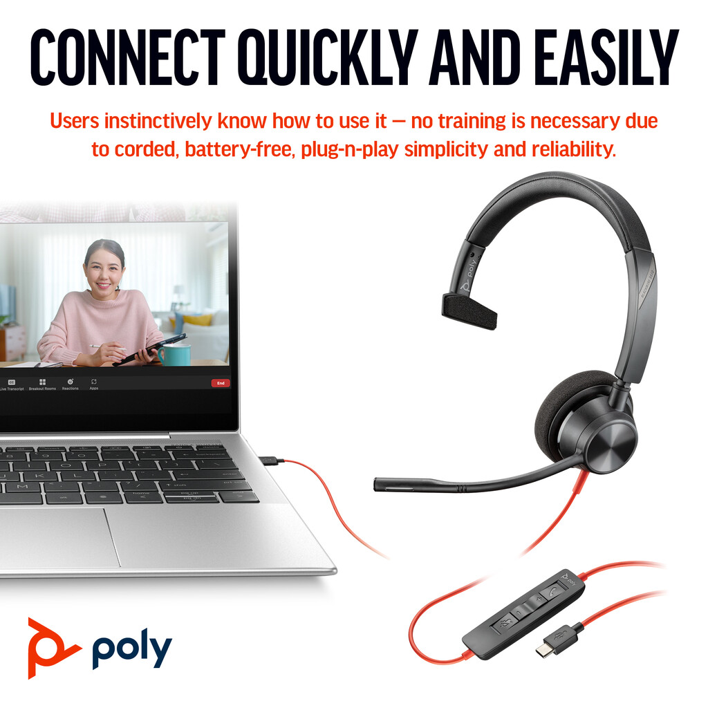 HP Poly Blackwire 3310 Monaural USB-C Headset +USB-C/A Adapter - Image 6