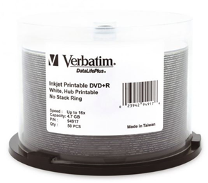 Verbatim DVD+R 4.7GB 16X DataLifePlus, White Inkjet Printable, Hub Printable 50pk Spindle 50 pc(s)